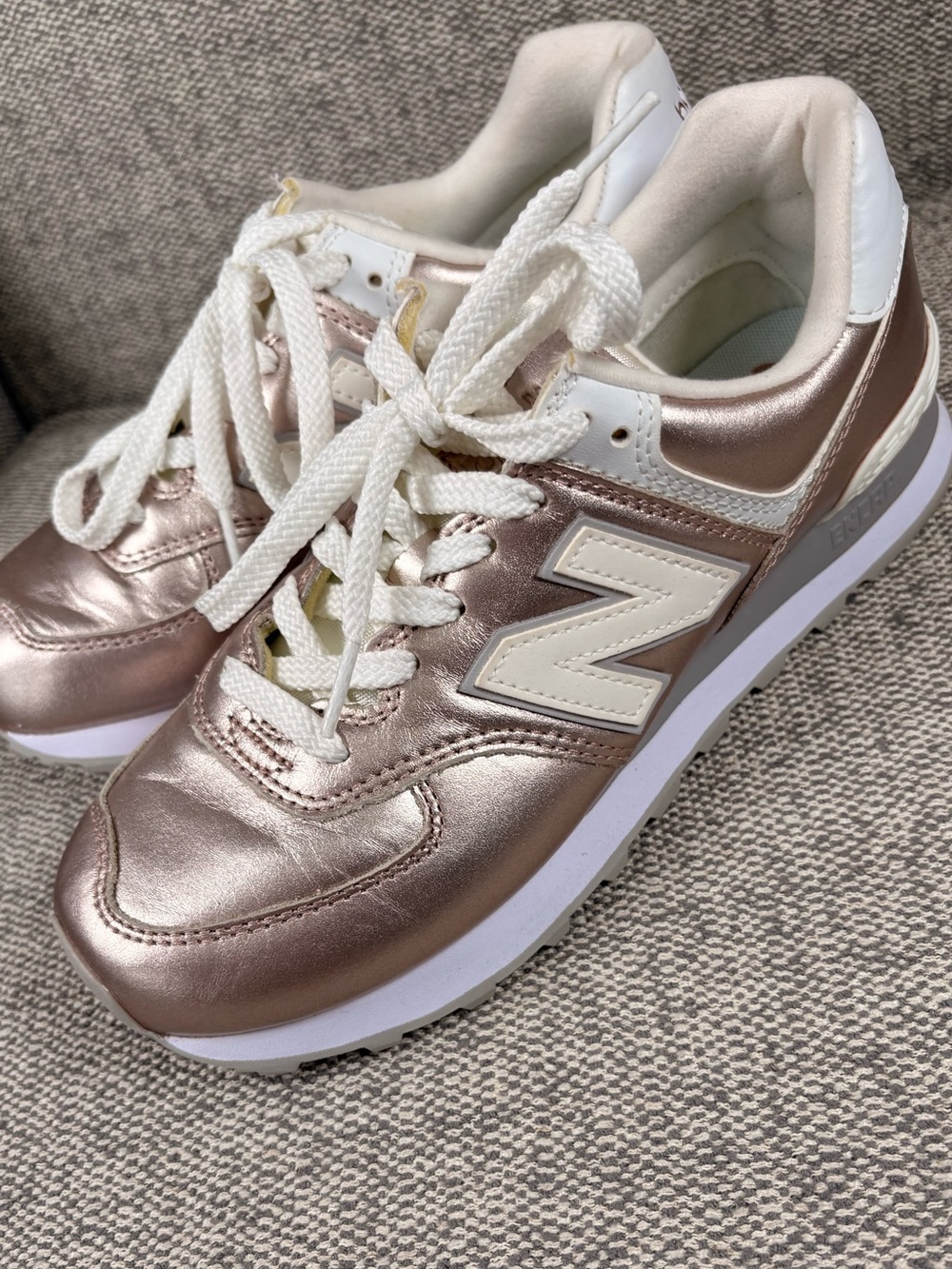 New Balance 574 Rose Gold and Cream Metallic Sneakers